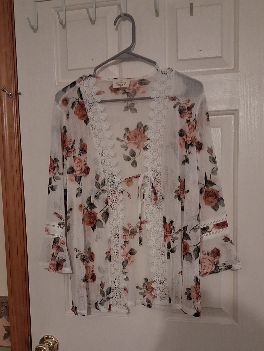 Floral Lace-Trim Open Front Kimono - White with Pink Rose Print